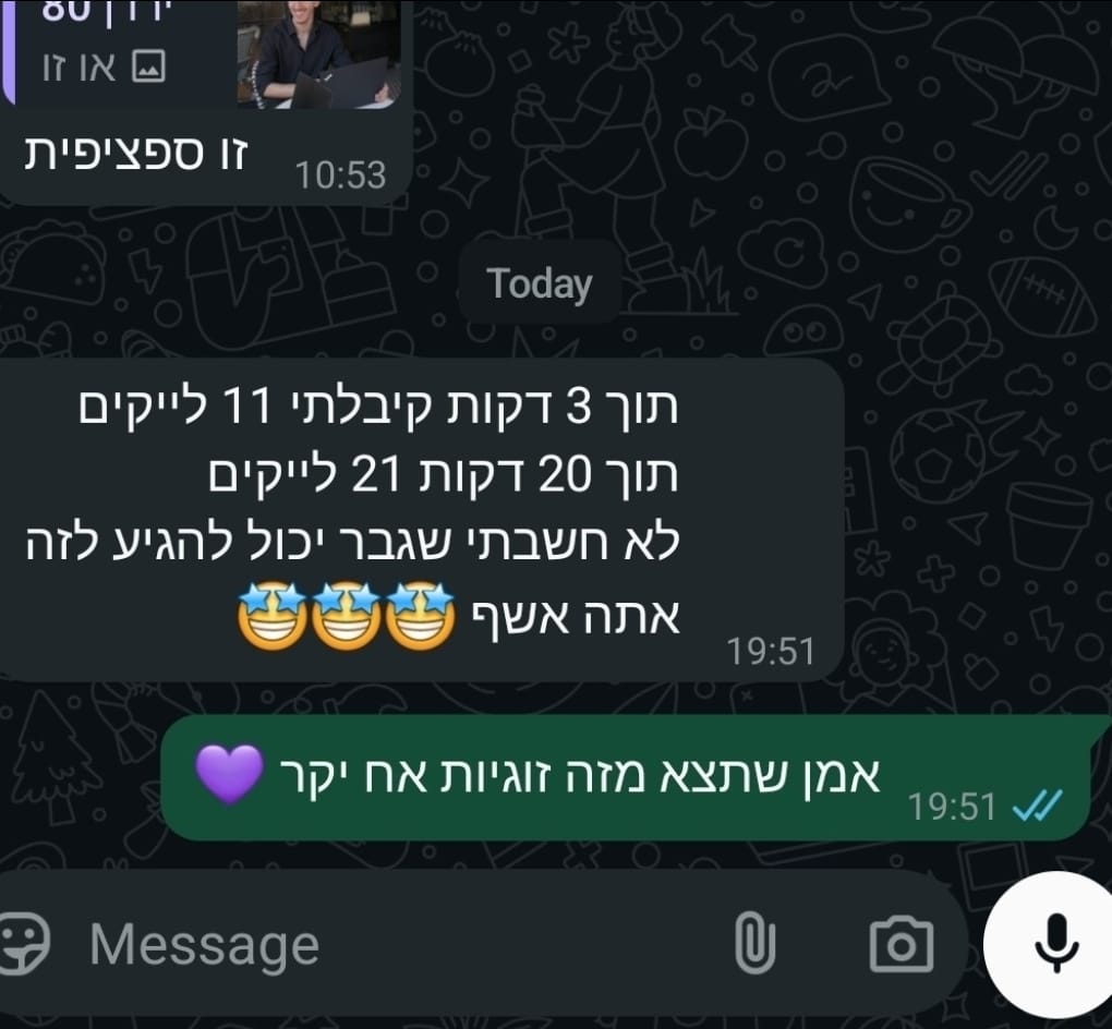 הודעת ווטסאפ: 11 לייקים תוך 3 דקות ו-21 לייקים תוך 20 דקות